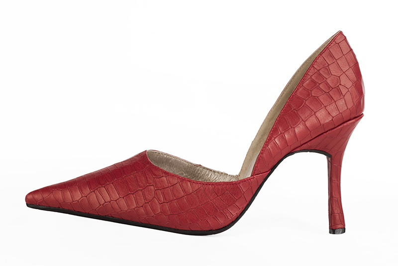 Scarlet red women's open arch dress pumps. Pointed toe. Very high slim heel. Profile view - Florence KOOIJMAN